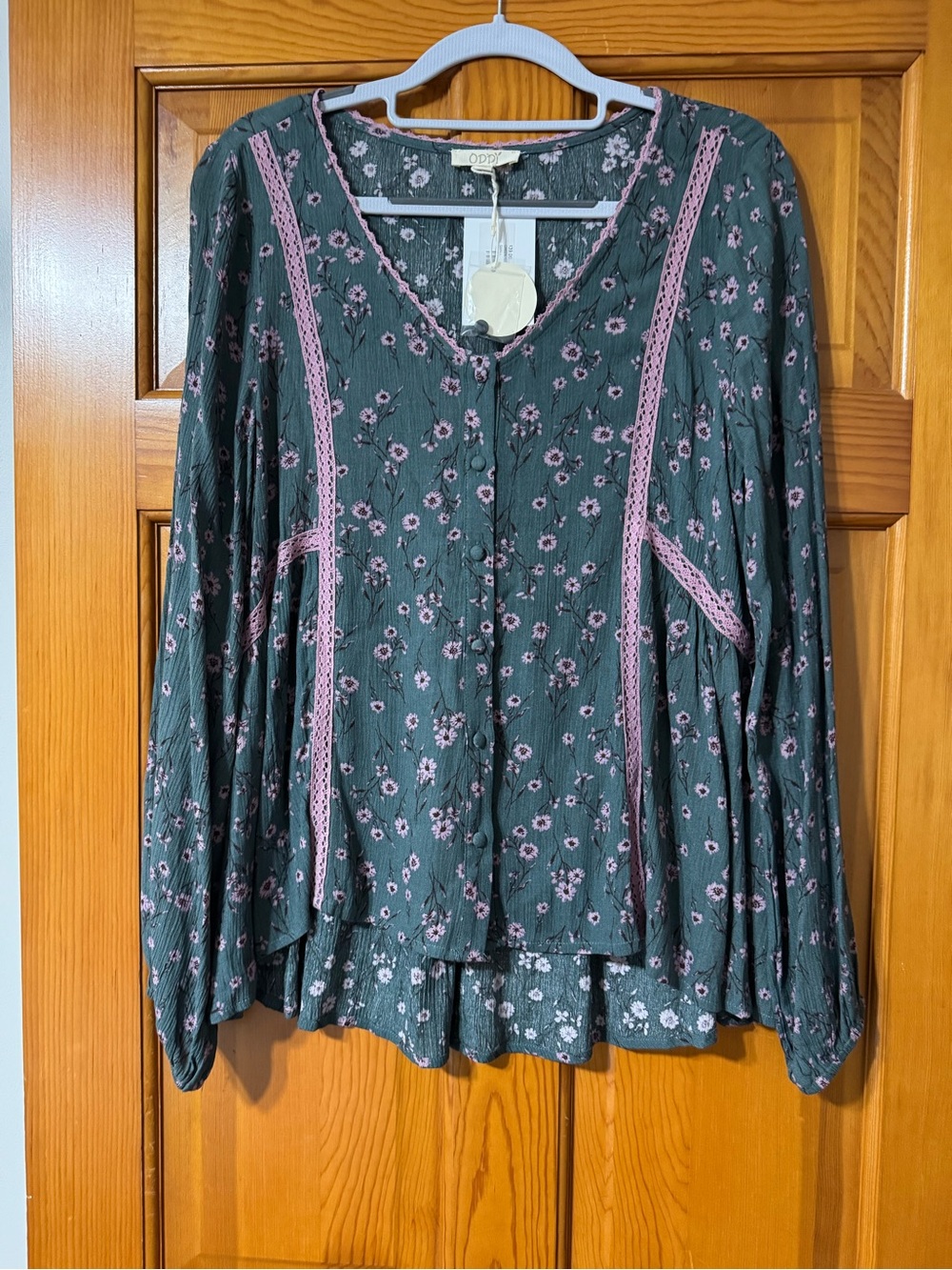 ODDY Green Floral Blouse with Pink Lace Trim